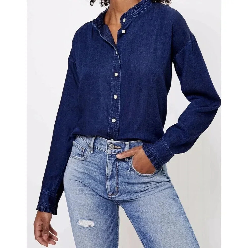LOFT Plus Chambray Ruffle‎ Trim Blouse Top Size 14 Night Sky